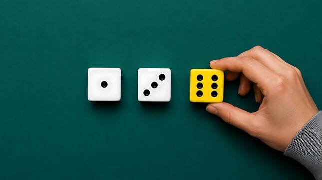 Hand picking yellow die among white dice on green felt table