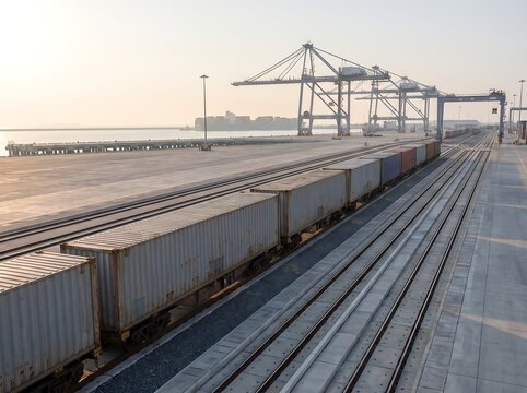 Container train at port with cranes
