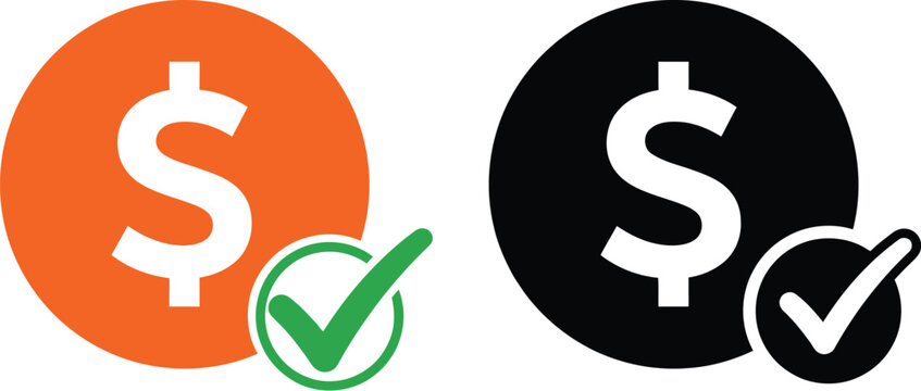 Orange and black dollar sign icons with green check mark symbols for business and finance concepts