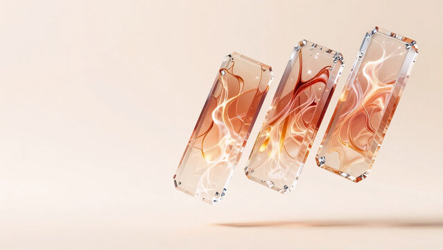 Hypnotic warm luxe UI glass panel cascade: staggered optical crystal panels with glowing liquid terracotta rose gold plasma