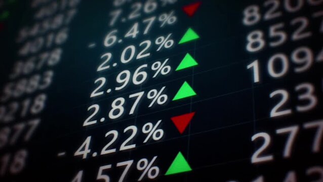 Digital stock market ticker display with green and red arrows