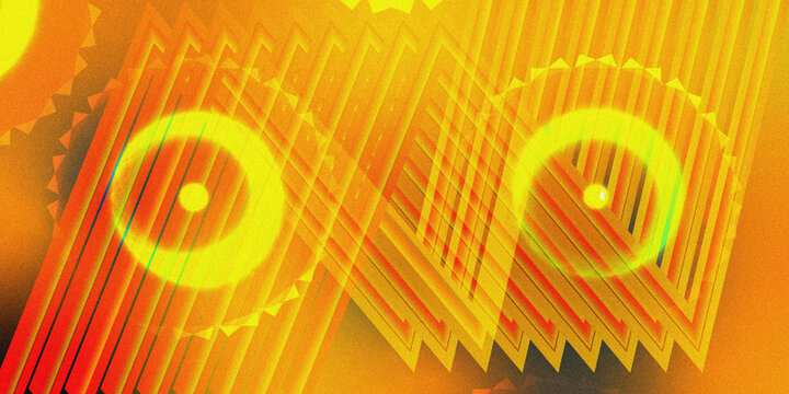 Abstract retro-futuristic geometric background featuring glowing yellow and orange concentric circles with zigzag sawtooth lines and diagonal stripes for dynamic, energetic design projects.