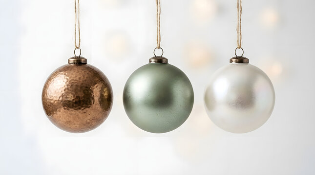 A striking christmas ornament display features three distinct hanging baubles in bronze, muted green, and pearlescent white against a minimalist soft-focus white background with bokeh