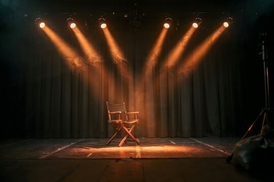 cinematic empty stage with dramatic orange spotlights, director chair and dark theater backdrop, film production concept