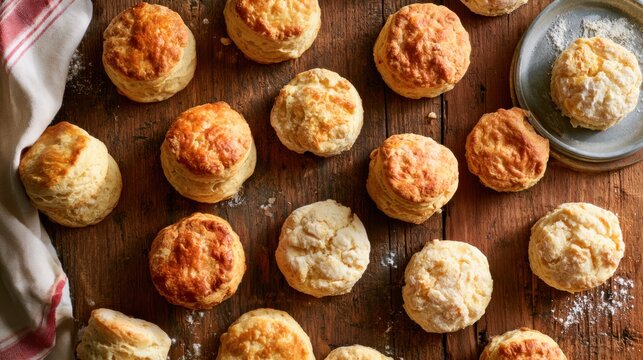 Freshly baked golden brown flaky homemade biscuit arranged on rustic wooden surface with light flour dusting and soft fabric napkin