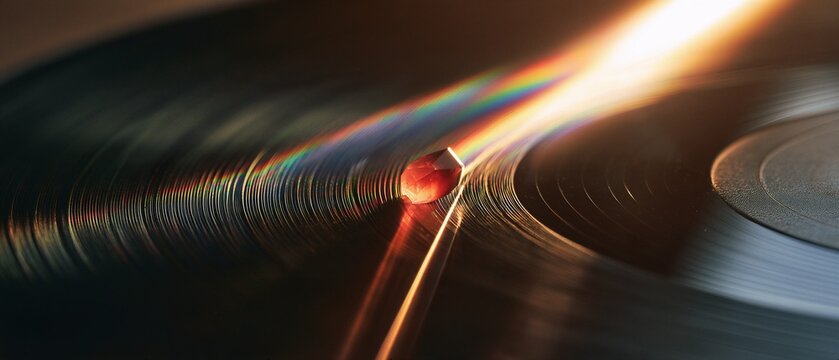 Commercial Macro Photo of Red Ruby Stylus in Vinyl Record Micro Groove for High Fidelity Audio and Music Heritage Concept

