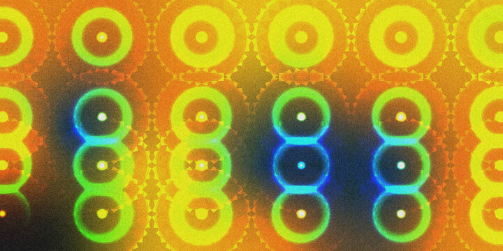 Abstract neon glowing circles pattern featuring orange yellow green and blue orbs with dotted textures for retro, music, and psychedelic design backgrounds.