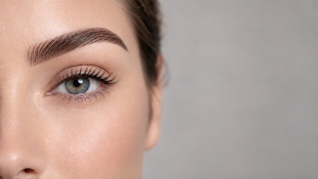 Close-up of natural brow after shaping, soft beauty light, PMU salon copy space
