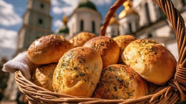 Close-up of freshly baked golden bread rolls with herb seasoning in a woven basket outdoors on a sunny day with blurred historic architecture background