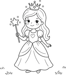 Fototapeta premium Cute little princess with magic wand and crown sketch isolated on transparent background