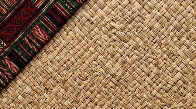 Traditional woven straw mat texture background with ethnic patterned fabric border
