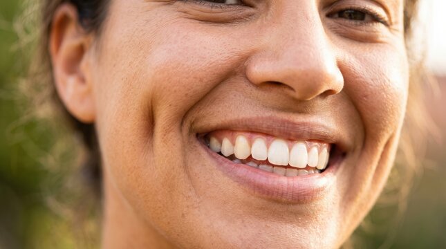 Close-up of a smiling person showing white teeth, natural skin texture, and dimples with a blurred green background.