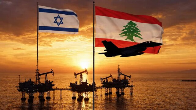 Military jet flying over offshore oil rigs with israel and lebanon flags at sunset, geopolitical energy conflict concept