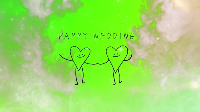 Illustration showing two smiling green heart characters holding hands beneath the text happy wedding against a bright green and white background with glowing soft ethereal smoke elements.