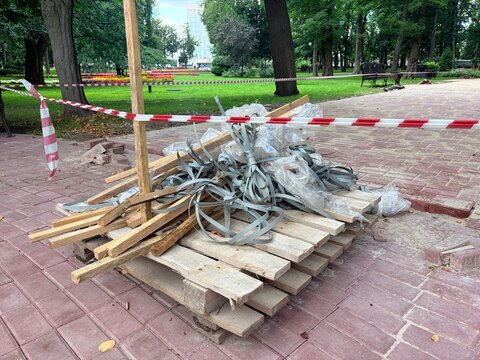 repair work to update pedestrian paths in the city park