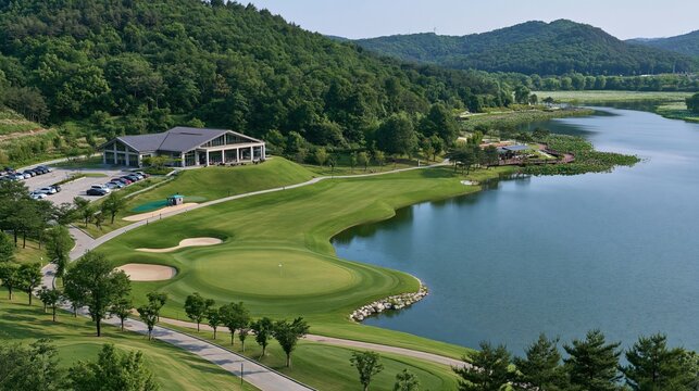 Vue a&eacute;rienne d'un parcours de golf luxueux bord&eacute; d'un lac entre montagnes verdoyantes