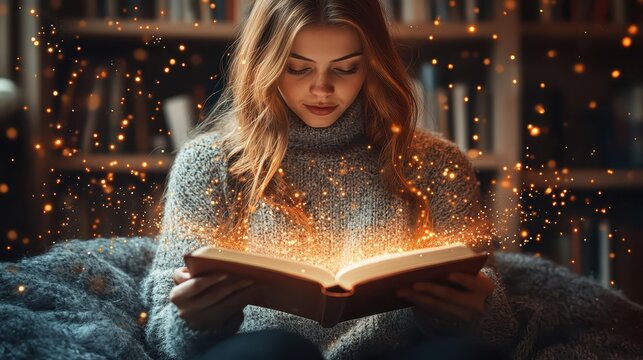 Young woman reading an open book surrounded by warm glowing particles, representing imagination, storytelling, learning, creativity and the magic of reading.