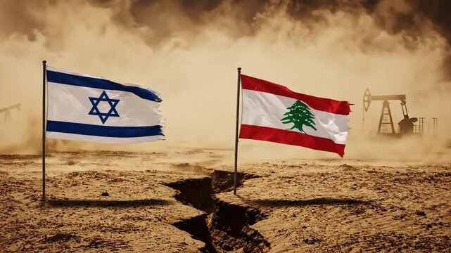 Israel and lebanon flags waving in desert landscape with oil pump jack and cracked earth: geopolitical conflict and energy concept