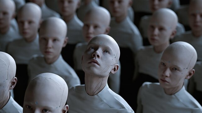 Foule de clones humano&iuml;des identiques au cr&acirc;ne chauve levant les yeux vers le ciel