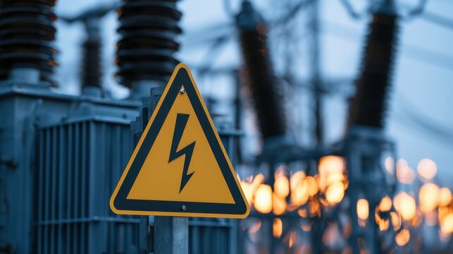 Closeup of a yellow high voltage warning sign with black electrical hazard symbol at power substation with blurred industrial equipment background