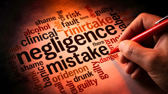 A hand holding a red pen pointing at the word negligence and mistake on a conceptual background.