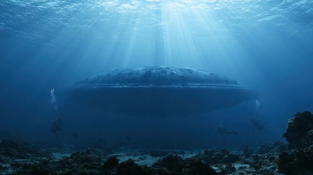Underwater scene with mysterious giant circular object submerged near sea floor illuminated by sun rays with divers exploring marine environment