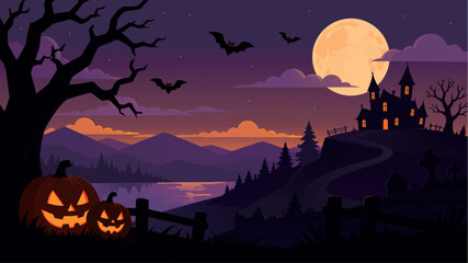 Halloween night landscape with haunted castle, glowing pumpkins, full moon, bats, graveyard, mountains, and spooky forest vektor illustration © Nazarudin