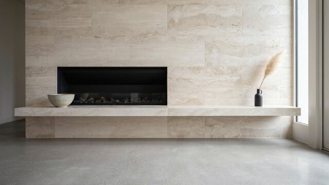 Minimalist Modern Interior Featuring a Sleek Travertine Fireplace and Polished Concrete Flooring in a Contemporary Neutral Living Room Space