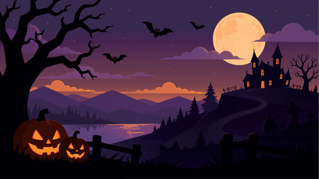 Halloween night landscape with haunted castle, glowing pumpkins, full moon, bats, graveyard, mountains, and spooky forest vektor illustration