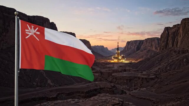 Oman flag waving against dramatic desert landscape with oil drilling rig at sunset middle east