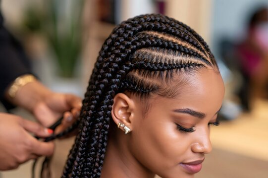 Young black woman getting cornrows hairstyle braided