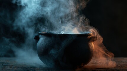 Obraz premium Black cast iron pot with swirling thick smoke emanating from top creating mystical and eerie atmosphere on dark surface