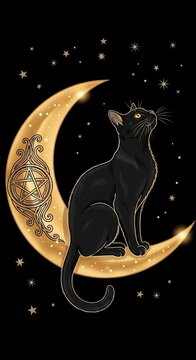 月夜に佇む黒猫、星空と神秘の月光