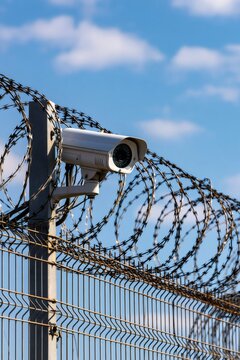Security camera on fence with barbed wire monitoring