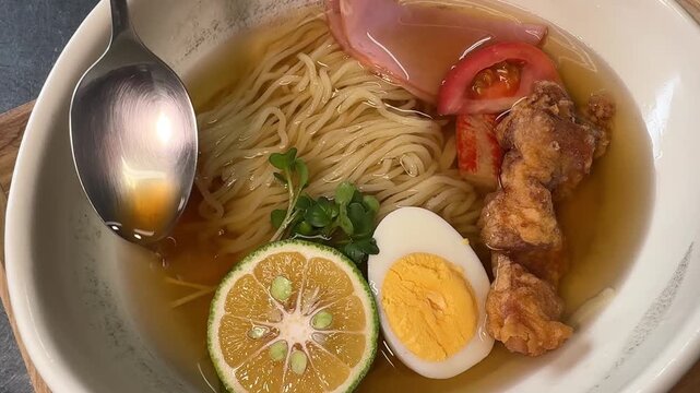 Pouring salt sauce with a spoon over Japanese cold ramen topped with karaage, boiled egg and kabosu, Japan