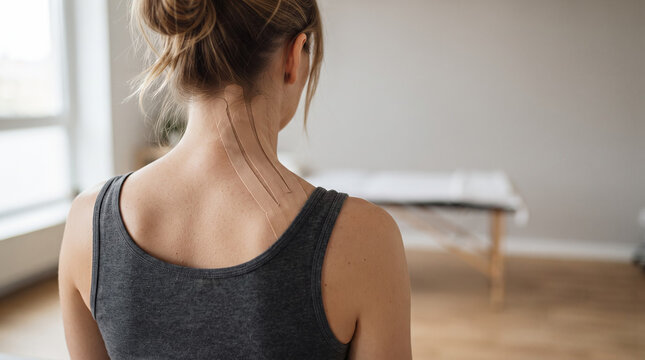 Woman seen from behind in athletic wear with glowing red-orange anatomical overlay on her upper back and shoulder