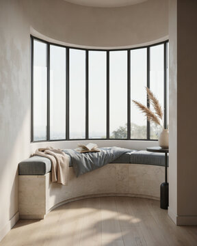 Serene Minimalist Curved Window Nook with Comfortable Seating and Natural Sunlight in a Modern Interior Space
