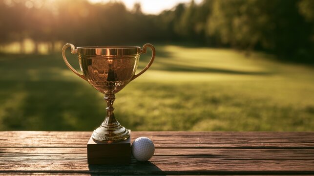Shiny golden trophy cup with handles next to white golf ball on wooden table in bright sunlight at golf course
