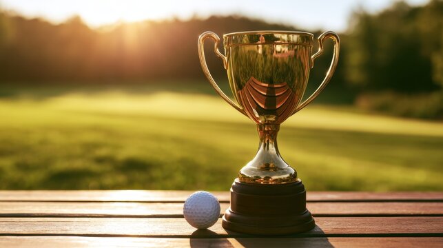Shiny golden trophy cup standing on wooden table next to white golf ball with blurred green golf course background in warm sunlight