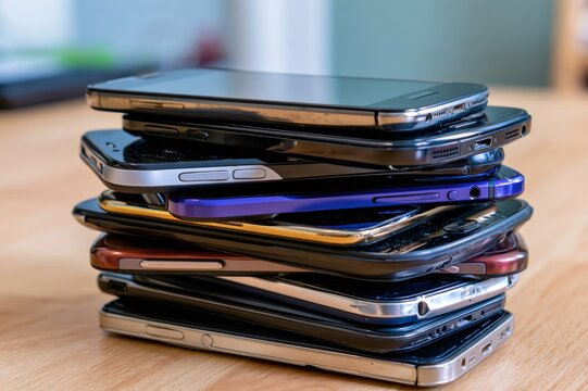 Stack of old smartphones representing e waste and obsolescence