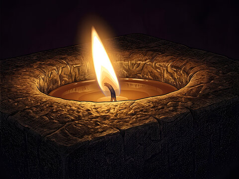 Single burning candle flame in an ancient carved stone holder