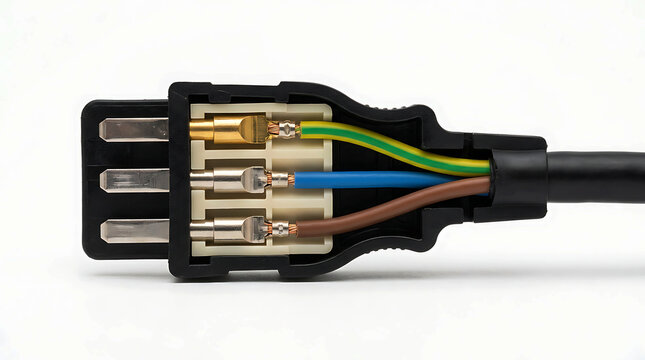 Cross section of a black electrical power plug with colorful internal wires