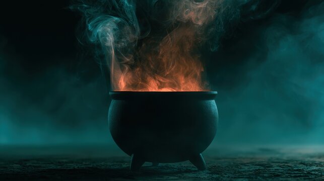 Dark magical cauldron with glowing fiery smoke rising from burning fire inside creating mysterious atmosphere in foggy night