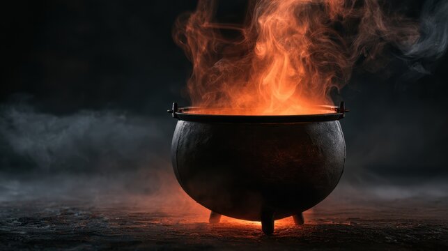 Dark iron cauldron with bright orange fire and smoke rising in a mystical dark atmosphere on wooden surface