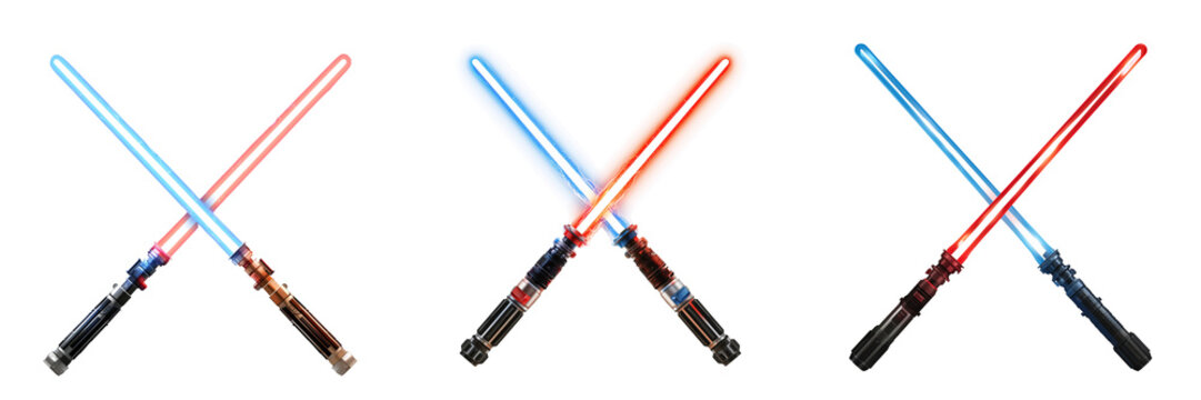 Set of 3D Render of Two Crossed Glowing Energy Swords with Blue and Red Blades transparent PNG background. Ai generated