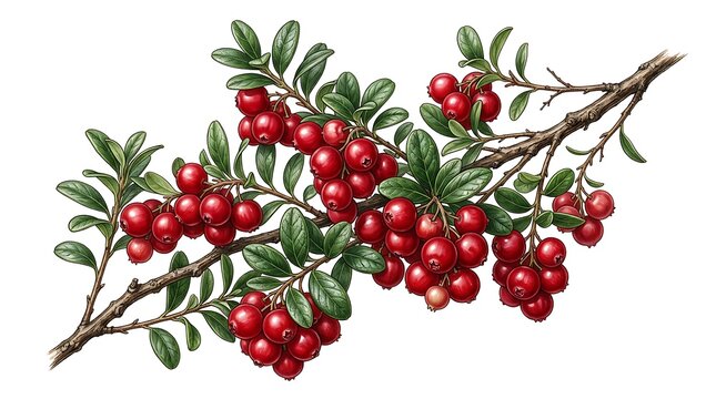 Botanical illustration of a cranberry branch with red berries and green leaves