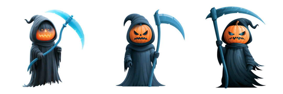 Set of Cartoon Grim Reaper with Pumpkin Head Holding a Scythe transparent PNG background. Ai generated