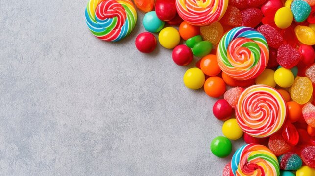 Colorful swirl lollipop candy assorted round fruit jelly sweet dessert treat on gray surface background