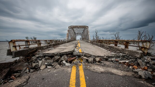 Low water bridge damaged after hurricane shows destruction of infrastructure in affected area
