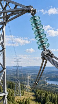 High voltage power line with glass insulator on transmission tower. Electricity pylons in green forest landscape under blue sky. Energy industry and power supply concept.